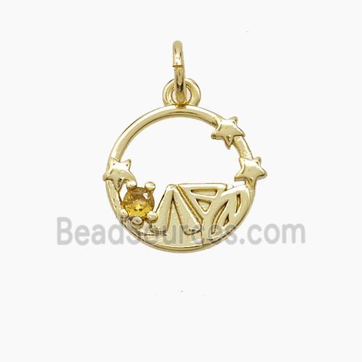 Copper Leaf Pendant Pave Zirconia Circle Star Gold Plated