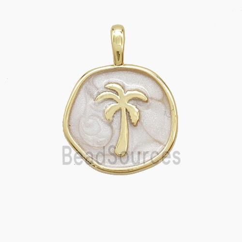 Copper Coconut Tree Pendant Palm White Enamel Circle Gold Plated