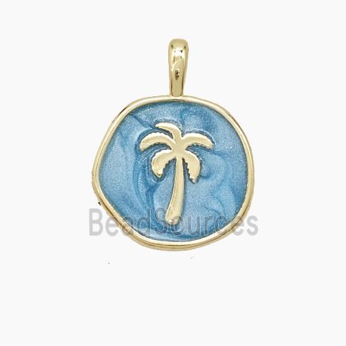 Copper Coconut Tree Pendant Palm Blue Enamel Circle Gold Plated