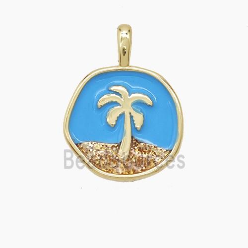 Copper Coconut Tree Pendant Palm Blue Enamel Circle Gold Plated