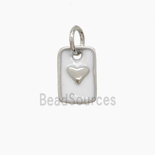 Copper Rectangle Heart Pendant White Enamel Platinum Plated