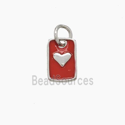Copper Rectangle Heart Pendant Red Enamel Platinum Plated