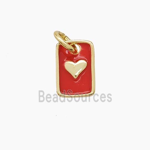 Copper Rectangle Heart Pendant Red Enamel Gold Plated