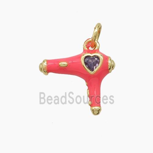 Copper Hairdriver Pendant Pave Zirconia Red Enamel Gold Plated