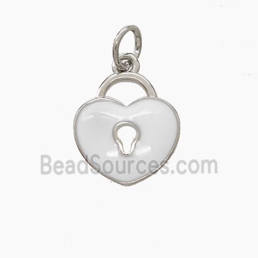 Copper Heart Lock Pendant White Enamel Platinum Plated
