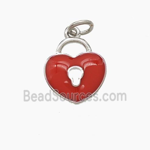 Copper Heart Lock Pendant Red Enamel Platinum Plated