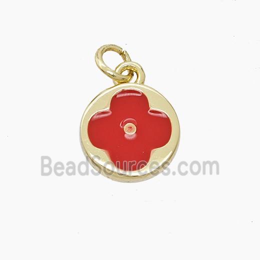 Copper Clover Pendant Red Enamel Gold Plated