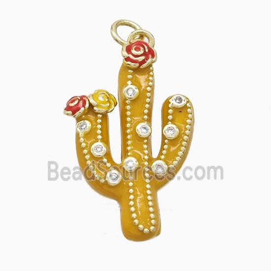 Copper Cactus Pendant Pave Zirconia Yellow Enamel Gold Plated