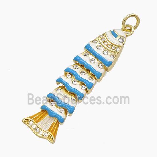 Copper Fish Pendant Pave Zirconia White Blue Enamel Gold Plated