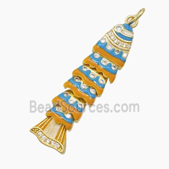 Copper Fish Pendant Pave Zirconia Brown Blue Enamel Gold Plated