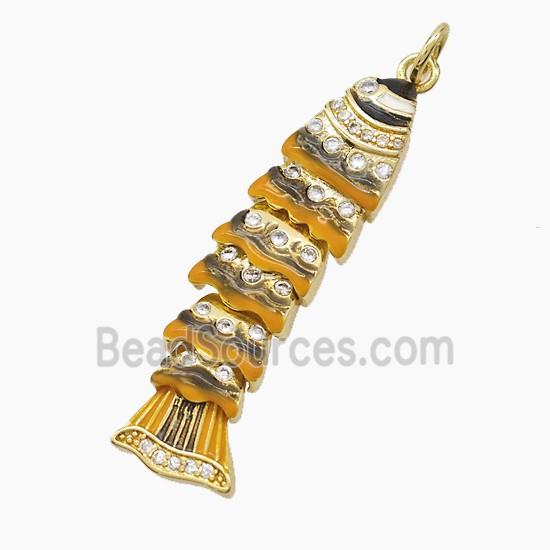 Copper Fish Pendant Pave Zirconia Brown Enamel Gold Plated