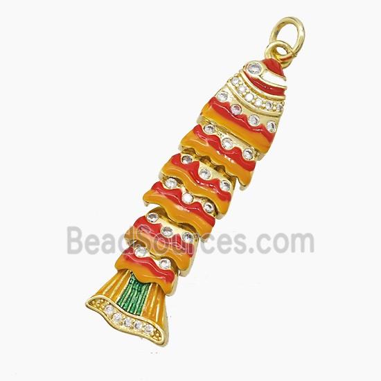 Copper Fish Pendant Pave Zirconia Brown Red Enamel Gold Plated