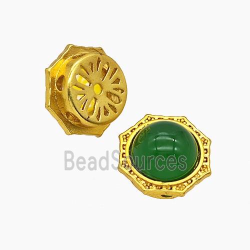 Copper Polygon Beads Pave Green Jade Gold Plated