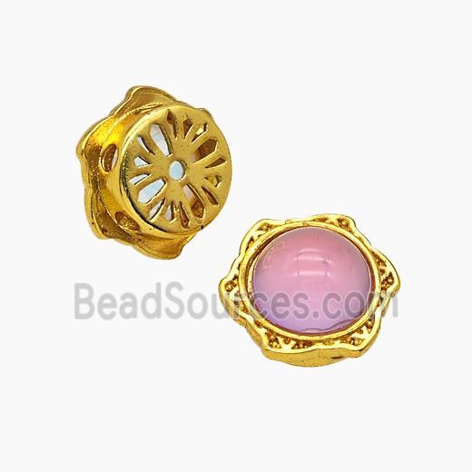 Copper Hexagon Beads Pave Pink Resin Gold Plated