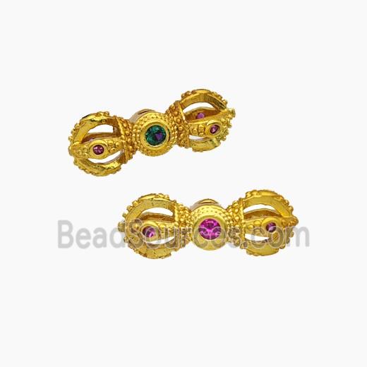 Tibetan Style Copper Vajra Pestle Beads Pave Zirconia Gold Plated