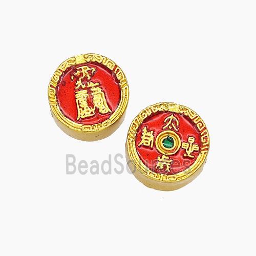 Chinese Style Copper Coin Beads Red Painted Gold Plated