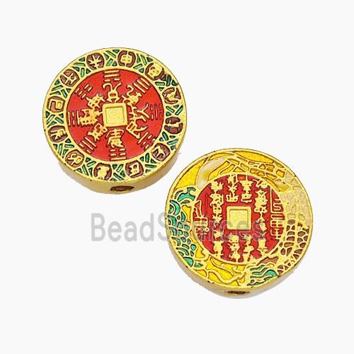 Chinese Style Copper Coin Beads Eight Diagram Red Painted Gold Plated