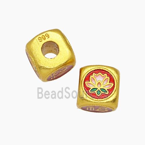 Copper Cube Beads Lotus Flower Painted Gold Plated