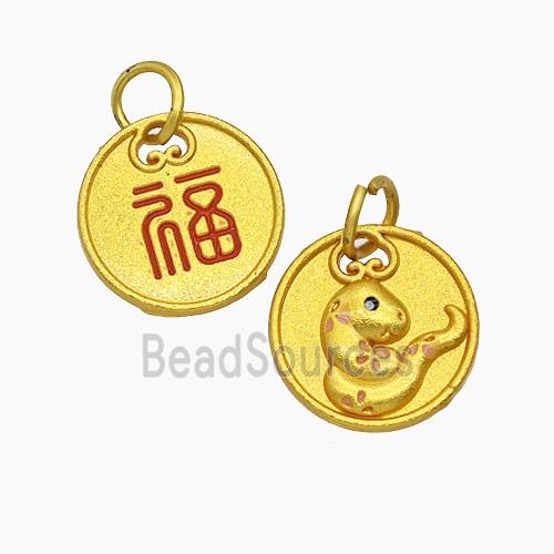 Chinese Zodiac Snake Charms Copper Fu Pendant Enamel Gold Plated