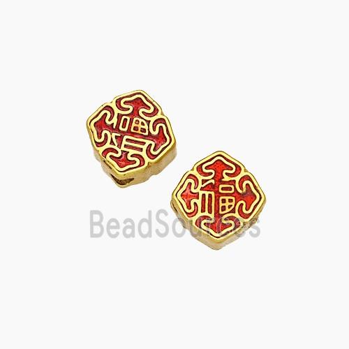 Copper Square Beads Red Painted Chinese Characters FU Gold Plated
