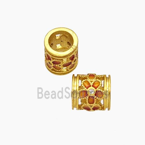Copper Tube Beads Orange Painted Large Hole Flower Gold Plated