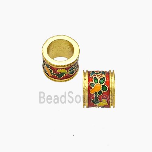 Copper Tube Beads Red Painted Large Hole Flower Gold Plated