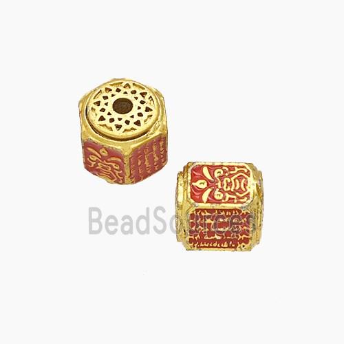 Tibetan Style Copper Tube Beads Red Painted Gold Plated