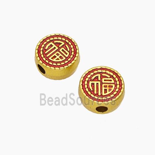 Copper Button Beads With Chinese Lucky Words Fu Red Painted Gold Plated