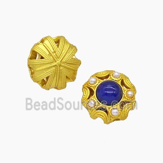 Copper Flower Beads Pave Blue Catseye Gold Plated