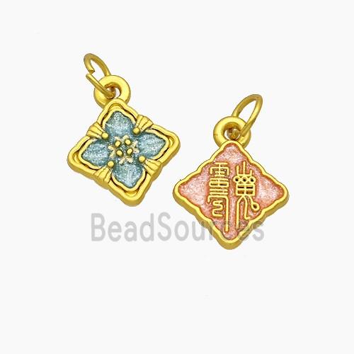 Chinese Style Blessings Charms Copper Square Characters Pendant Painted Gold Plated