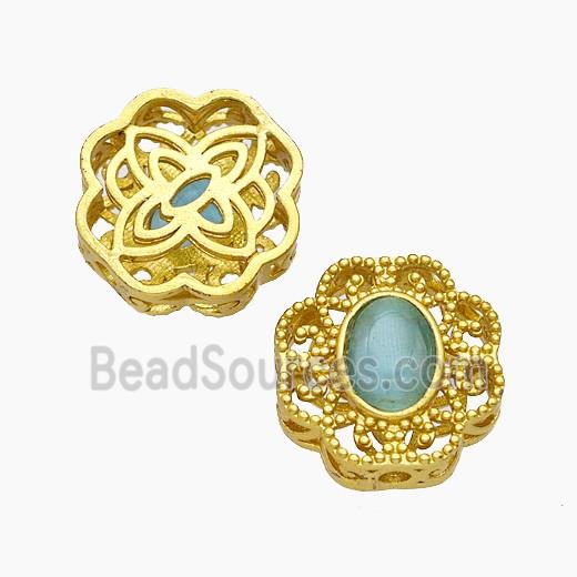 Copper Flower Beads Pave Catseye Gold Plated