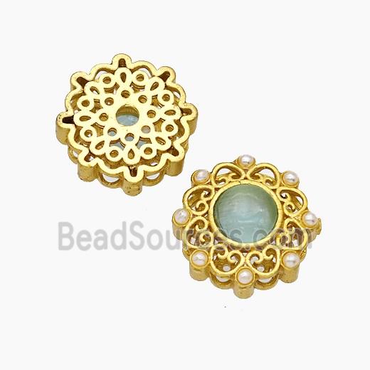 Copper Flower Beads Pave Catseye Gold Plated