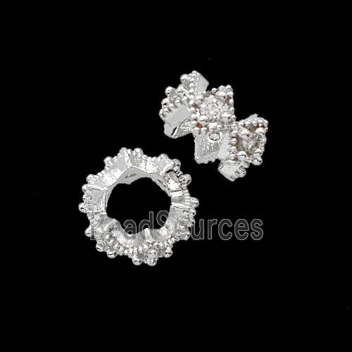 Copper Rondelle Beads Pave Zirconia Shiny Silver