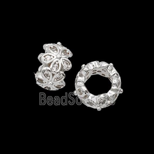 Copper Flower Beads Pave Zirconia Shiny Silver