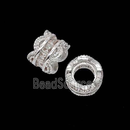 Copper Tube Beads Pave Zirconia Shiny Silver
