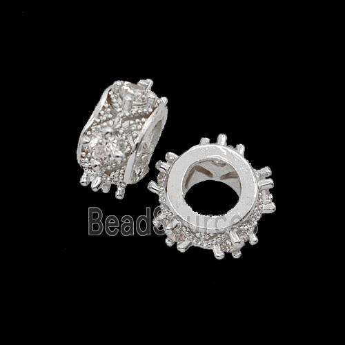 Copper Rondelle Beads Pave Zirconia Shiny Silver