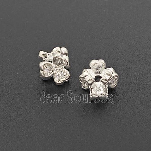 Copper Clover Beads Pave Zirconia Shiny Silver