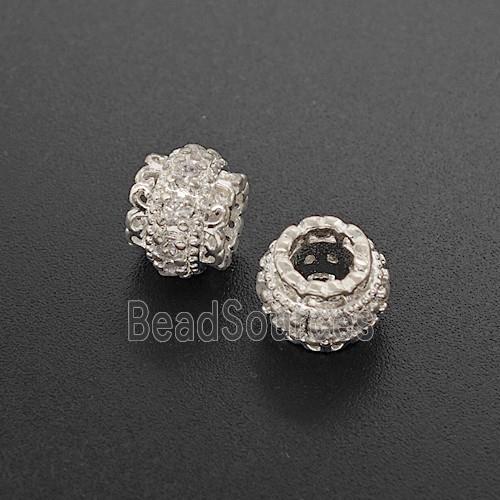 Copper Tube Beads Pave Zirconia Large Hole Shiny Silver