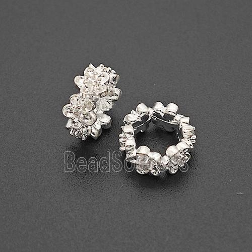 Copper Flower Beads Pave Zirconia Large Hole Shiny Silver