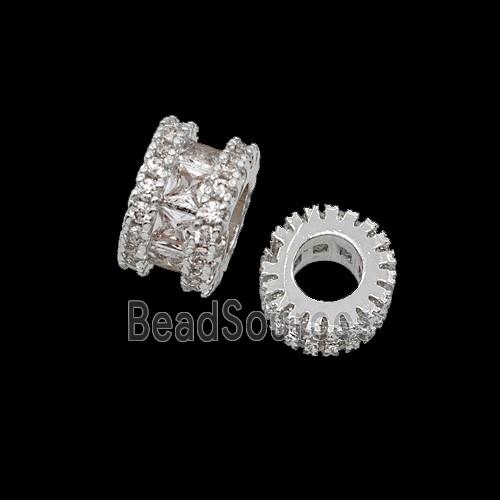 Copper Tube Beads Pave Zirconia Large Hole Shiny Silver