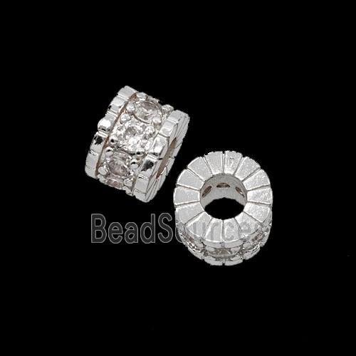 Copper Tube Beads Pave Zirconia Large Hole Shiny Silver