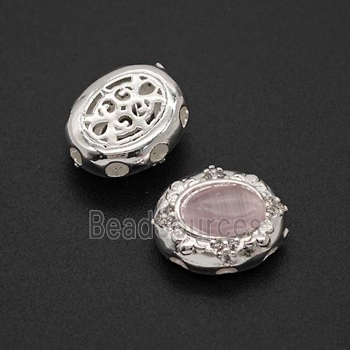 Copper Oval Beads Pave Catseye Shiny Silver