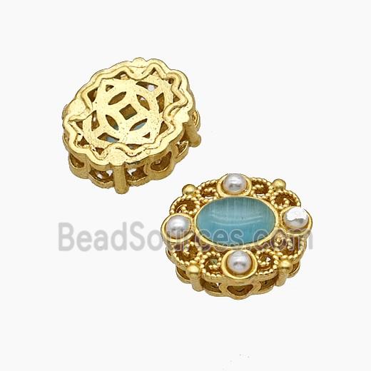 Copper Oval Beads Pave Catseye Gold Plated