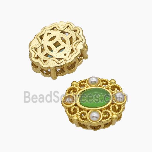 Copper Oval Beads Pave Catseye Gold Plated