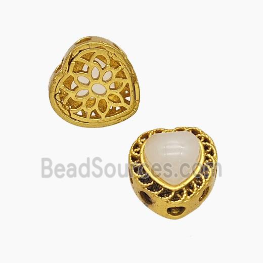 Copper Heart Beads Pave Catseye Gold Plated