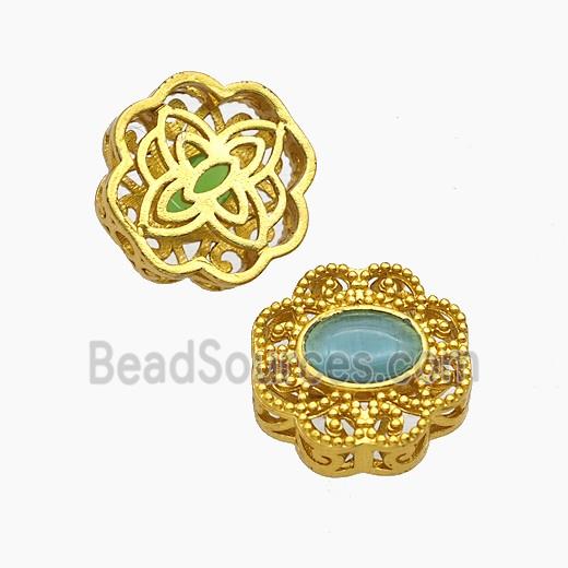 Copper Flower Beads Pave Catseye Gold Plated