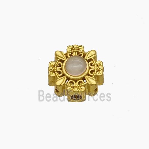 Copper Flower Beads Pave Catseye Gold Plated