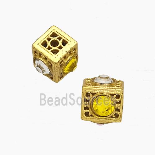 Copper Cube Beads Pave Crystal Glass Gold Plated