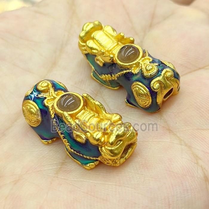 Copper Pixiu Beads Pave Crystal Enamel Large Hole Matte Gold