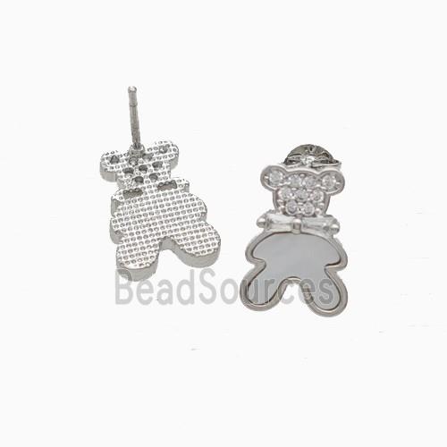 Copper Bear Stud Earrings Pave Zirconia Shell Platinum Plated